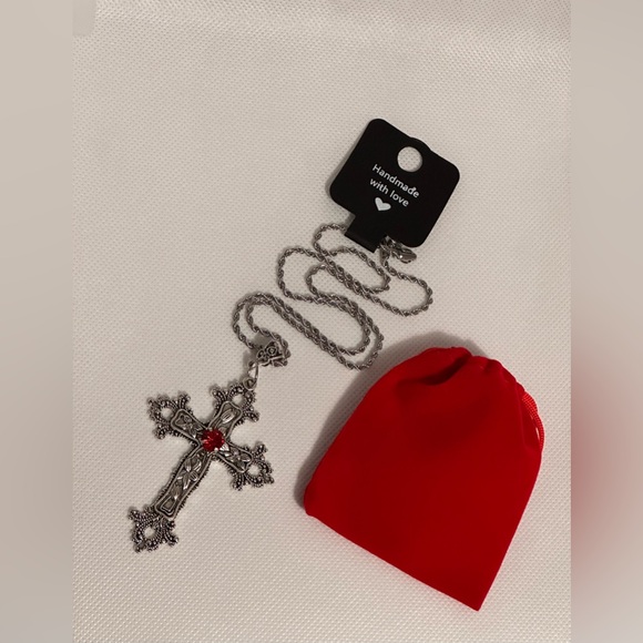 Gothic Red Crystal Cross Charm Necklace Floral Design Big Punk Goth Silver Tone - Picture 6 of 11